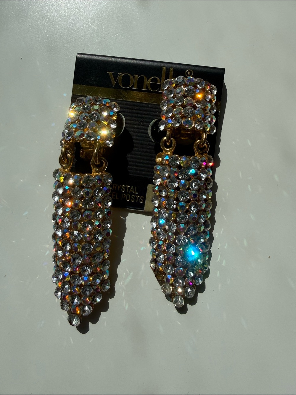 Vintage Made in USA AB Rhinestone Dangle Clip On Earrings Gold Tone 3”